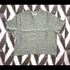Flax Green Short Sleeve Button Up Top W/Collar Lrg